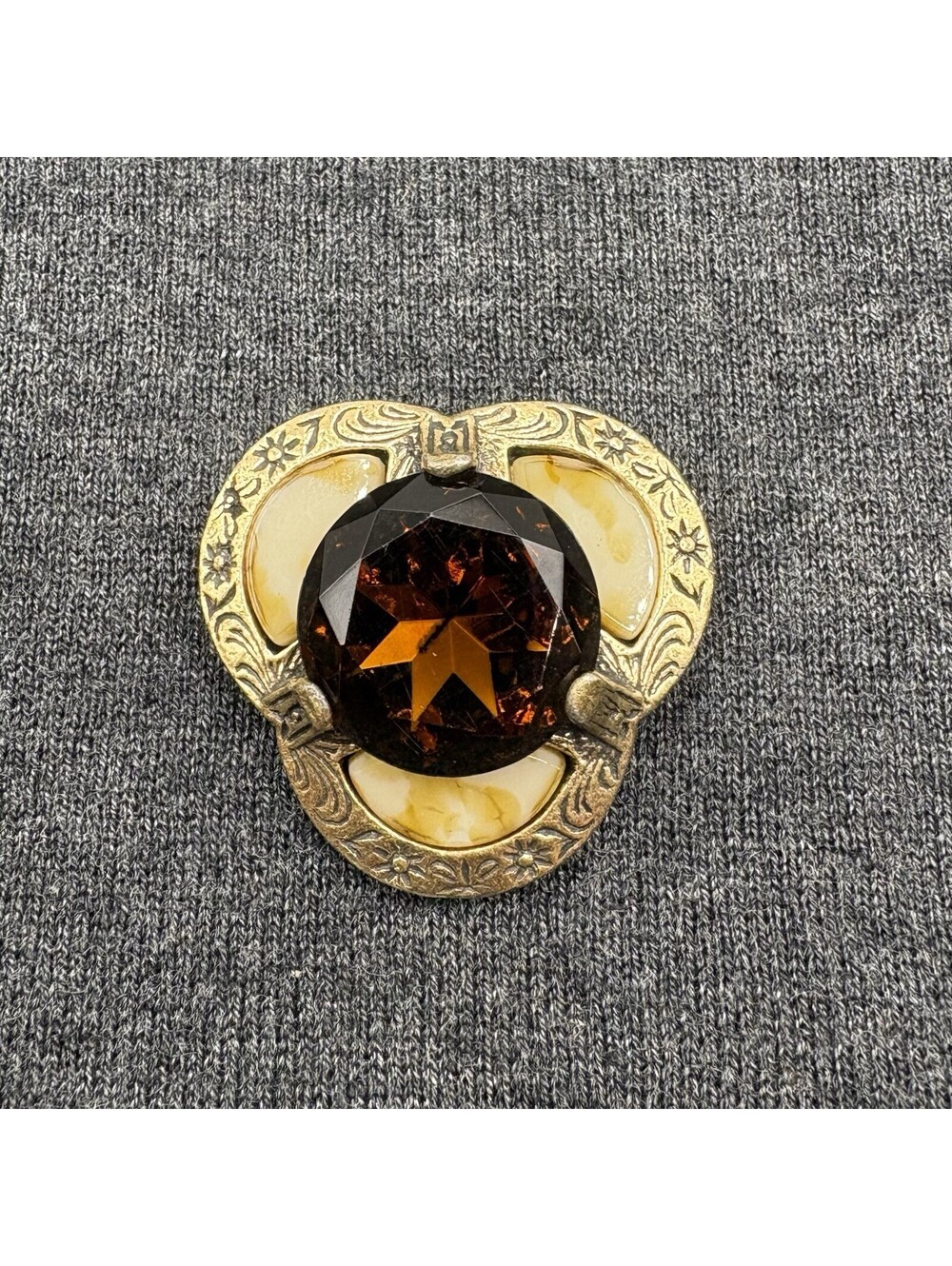 Vintage Miracle Celtic Brooch Amber Brown Faceted Glass Stone Gold Tone
